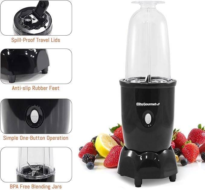 Elite Gourmet EPB-1800A# 17-Piece Personal Drink Mixer Blender, Sports Blender 16 Oz capacity, Includes Chopping and Blending Blade, Drink Lids and Extra Cups