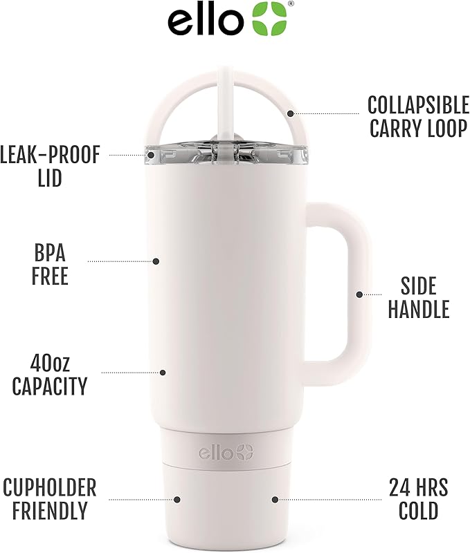 Ello Port 40oz Tumbler with Carry Loop & Integrated Handle, Vacuum Insulated Stainless Steel Reusable Water Bottle, Travel Mug with Leak Proof Lid & Straw, Perfect for Iced Coffee & Tea, Cream