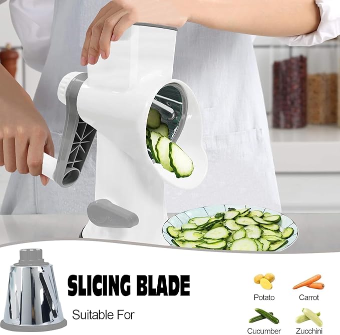 Cheese Grater MultiFunction Rotary Cheese Grater Hand Crank – Cheese Shredder Effortlessly Shred,Slice,Chop.Applicable to Cheese, Vegetables,Fruits,Nuts,Non-Slip Suction Base,Easy to Clean (white)