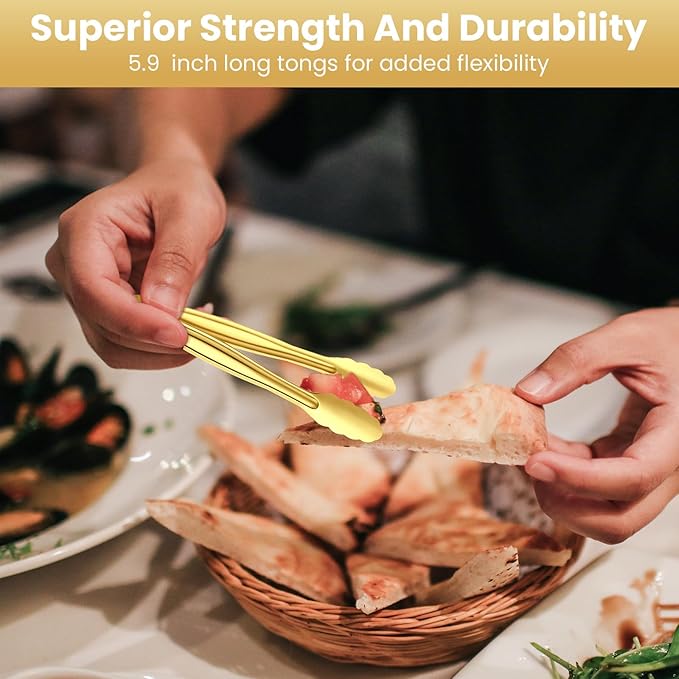 CHENGU 12 Pack Stainless Steel Kitchen Tongs 4/6/6 Inches Food Serving Clip Kitchen Cooking Tongs High Heat Resistant Clips for Cooking Non Stick Grill Salad (Gold, Diversity)
