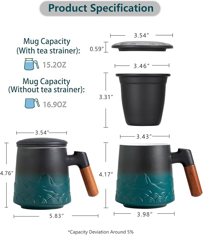 ZENS Tea Cup with Infuser and Lid for Loose Leaf Steeping, 16.9oz Embossed Ceramic Tea Infuser Mug, Wood Handle Tea Diffuser, Great Gift