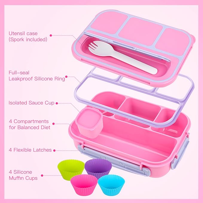 MaMix Bento Lunch Box, 4-Compartment Adult & Kids Lunch Containers (1300ML, Purple)