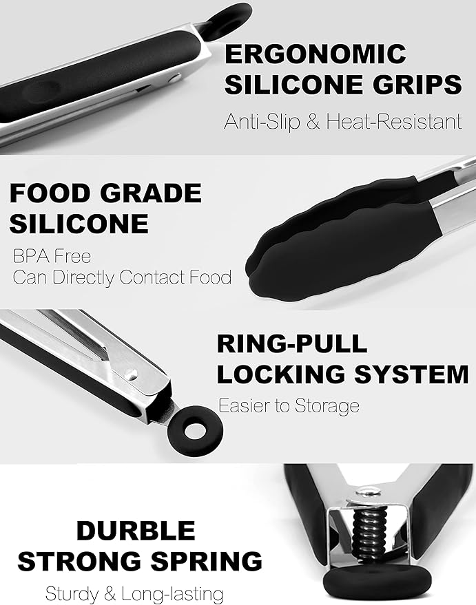 Anaeat Non-Stick Silicone Locking Tong Set of 2 - Stainless Steel 9" and 12" Kitchen Food Tongs with Non-Slip Silicone Tips and Grip for Cooking, Baking and BBQ - Heavy Duty & Heat Resistant (Black)