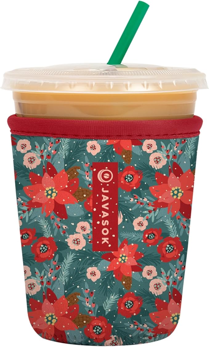 Sok It JavaSok Iced Coffee & Cold Soda Insulated Neoprene Cup Sleeve (Pastel Poinsettias, Small: 16-20oz)