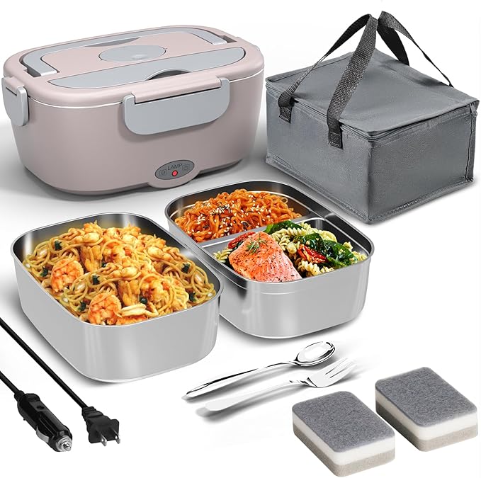 Electric Lunch Box for Adults - 80W Fast Heated Lunch Box for Men&Women with Dual 1.5L Stainless Steel Containers Fast Heating Portable Food Warmer for Car&Truck lonchera eléctrica portátil