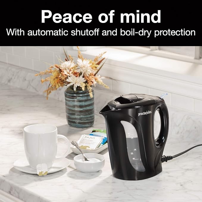 Proctor Silex Electric Tea Kettle, Water Boiler & Heater Auto-Shutoff & Boil-Dry Protection, 1000 Watts for Fast Boiling, 1 Liter, Black (K2071PS)