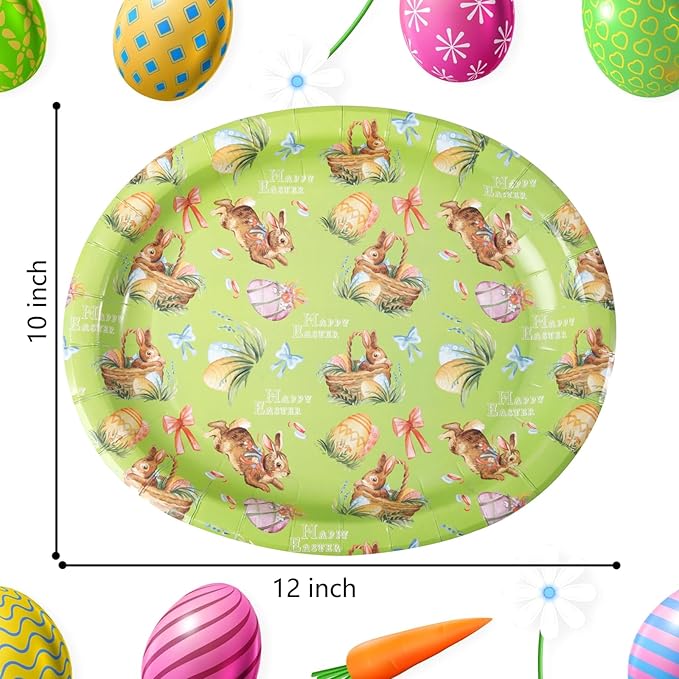 WDF 50Pack Easter Plates Oval Paper Plates - 10" x 12" Bunny Plates for Party Supplies Easter Rabbits Large Disposable Platter for Easter Serving Tray Baby Shower Birthday
