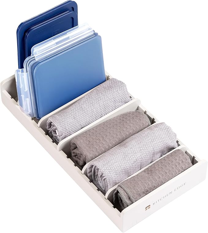 KitchenEdge Bamboo Kitchen Towel and Food-Storage Organizer, Perfect for Kitchen Drawers, Cabinets, Pantry, 5 Adjustable Wall Inserts, Non-Slip Feet, Organize Food Containers, Food-Safe White Finish