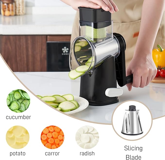 Rotary Cheese Graters with 4 Blades, Hand Crank Cheese Grater with Waffle Slicer, Red, Black and White Cheese Shredder with Suction Base, Easier for Shredding & Grating (Black, 4 Graters)