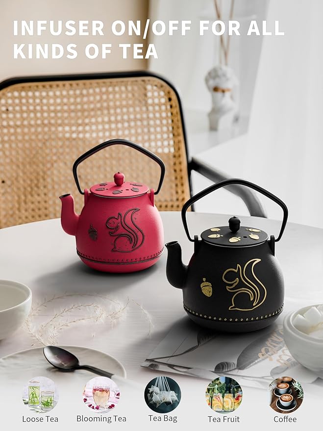 Toptier Teapot with Removable Infuser, Cast Iron Tea Kettle Stovetop Safe, Squirrel Design Tea Pot Coated with Enameled Interior for 32 Ounce (950 ml), Black