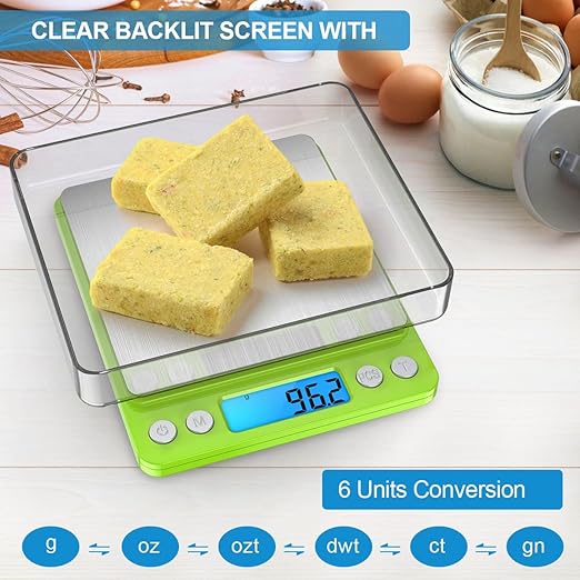 Digital Scale, 3000g, 0.01 Ounces, 0.1 Grams Accuracy Mini Kitchen Food Scale with 2 Trays, Pocket Scale for Jewelry, Coffee, LCD Display, Tare Function, Stainless Steel