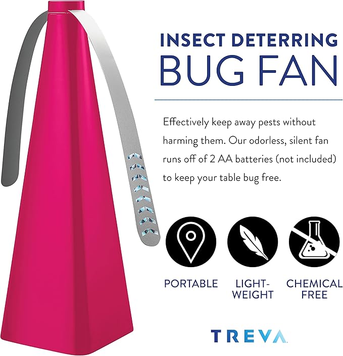 Treva Chemical Free Bug Fan, Fly Deterrent with Holographic Blades to Clear Bugs, Mosquitoes, and Flies, Battery Powered Fly Fan, Pink (4 Pack)