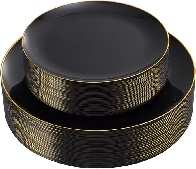 KIRE 60PCS Black Plastic Plates - Black Disposable Plates with Gold Rim for Halloween Party/Graduation - Include 30Pcs 10.25inch for Dinner and 30Pcs 7.5inch for Dessert