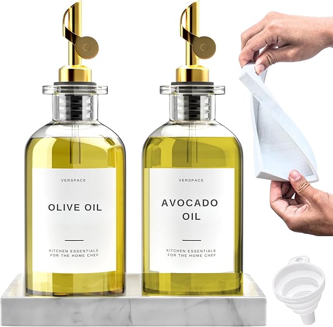 Clear Glass Olive Oil Dispenser Bottles For Kitchen With Silicone Tray & 40 Labels, Soy Sauce Dispenser, Coffee Syrup Dispenser, Olive Oil Bottles Set Of 2, Gold