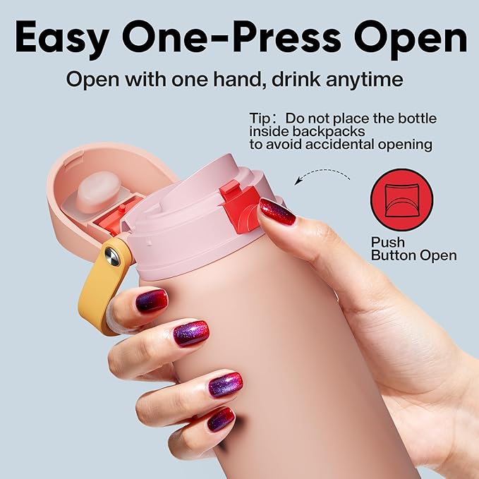 Insulated Water Bottle with Straw - Encool Stainless Steel Water Bottle with Push Button Lid, Leak-Proof & BPA-Free, Keeps Cold for 24 Hours for Sports, Travel, Gym (32 oz, Pink Daisy-Red)