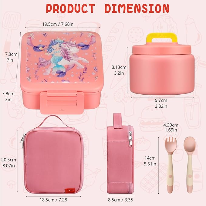 Bento Lunch Box for Kids With 8oz Soup Thermo,Leak-proof Lunch Containers with 5 Compartment,Thermo Food Jar and Lunch Bag, Food Containers for School (A-Pink（Unicorn - Mermaid）)