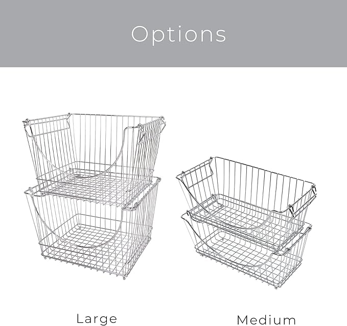 Smart Design Stacking Baskets with Handles - Set of 6 Large - Steel Metal Wire - Fruit Produce Vegetable Safe Storage Bin Organizer Pantry Counter Stand Rack - 12.5 x 8.5 Inch - Chrome