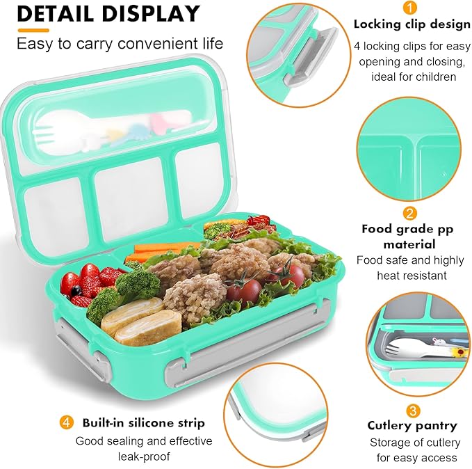 Bento Box, 1300ML Adult & Kids Lunch Box with 4 Compartment & Food Picks, Cake Cups, Leak-Proof, Microwave/Dishwasher/Freezer Safe (Green)