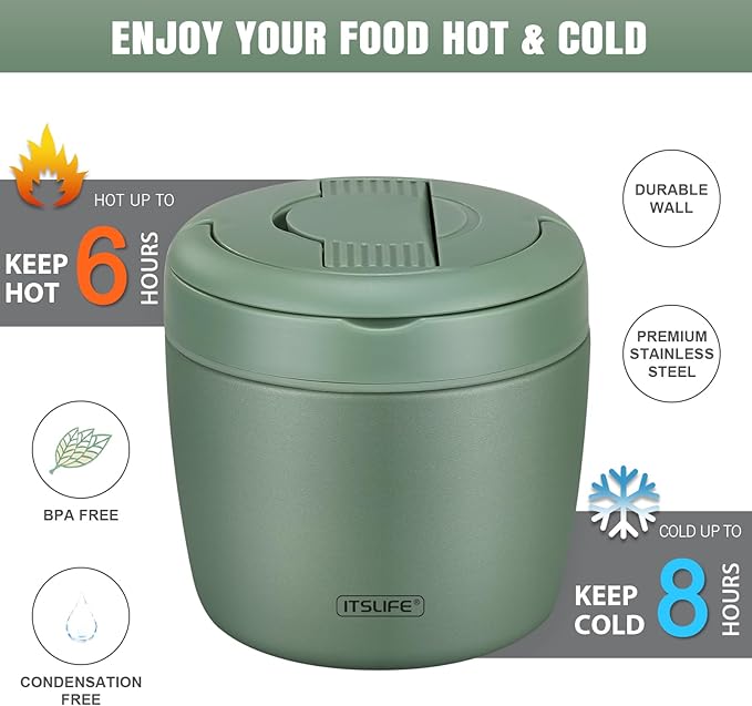 Soup Thermos for Hot Food Insulated Food Jar 32oz, Vacuum Insulated Stainless Steel Lunch Container - Wide Mouth Thermo for Soup & Food, Insulated lunch box Leakproof Bento Box with Spoon (Green)