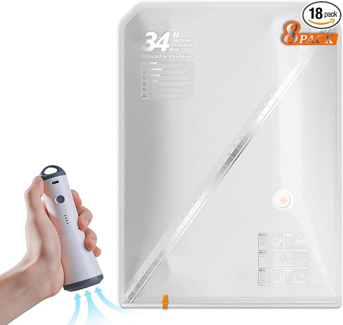 Vacuum Seal Bags for Clothing Travel, 8 Pack 34" Vacuum Storage Bags with Wireless Charging Pump Compression Packing for Clothes Blanket Bedding Suitcase Luggage, Space Saver for Travel