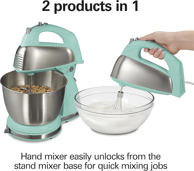 Hamilton Beach Classic Stand and Hand Mixer, 4 Quarts, 6 Speeds with QuickBurst, Bowl Rest, 290 Watts Peak Power, Blue (64658)