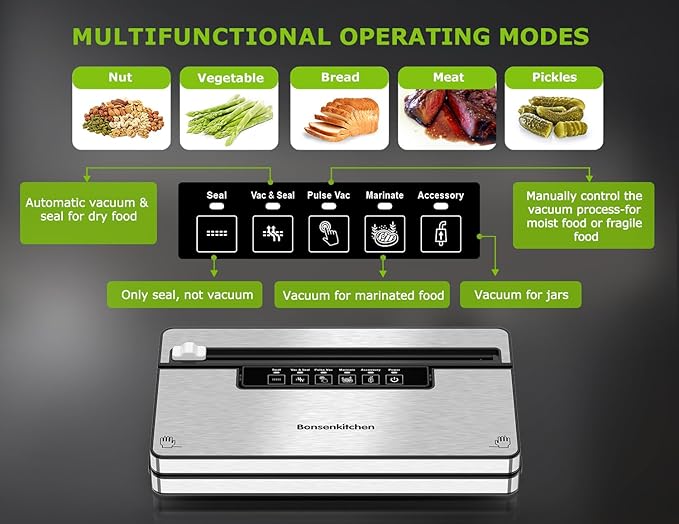 Bonsenkitchen Vacuum Sealer Machine, Stainless Steel Food Sealer Vacuum Sealers with 30 Bags & 1 Roll, 5 Food Vacuum Modes, Built-in Cutter & Bag Storage (Silver Black)