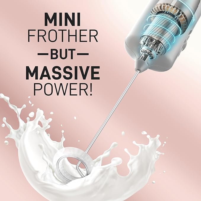 Mini & Mighty Milk Frother Wand – Powerful Handheld Coffee Frother, Battery Operated Drink Mixer – Compact Pocket Size – Detachable Whisk for Latte, Cappuccino, Matcha, Hot Chocolate – Gray