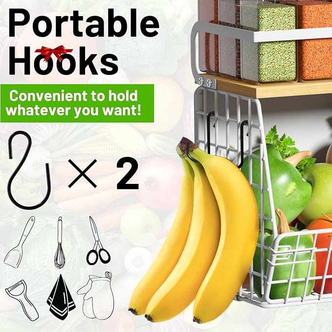 Magnetic Shelf for Fridge with Wood Lid, Fruit Potato and Onion Storage Bins, Pantry Organizers & Storage, Large Container Magnetic Spice Rack for Refrigerator, Kitchen Counter (White, 2)