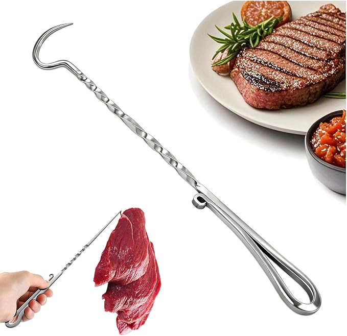 Stainless Steel Meat Hook Flipper, Handmade BBQ Turner Hooks, BBQF Turner Hooks, Flips Cooking Hooks for Grilling Smoking Frying (Stainless Steel - B)