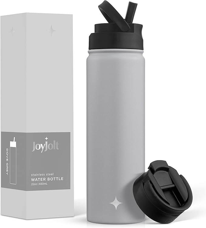 JoyJolt Triple Insulated Water Bottle with Straw Lid AND Flip Lid! 22oz Water Bottle, 12 Hour Hot/Cold Vacuum Insulated Stainless Steel Water Bottle. BPA-Free Leakproof Water Bottles - Thermos Bottle