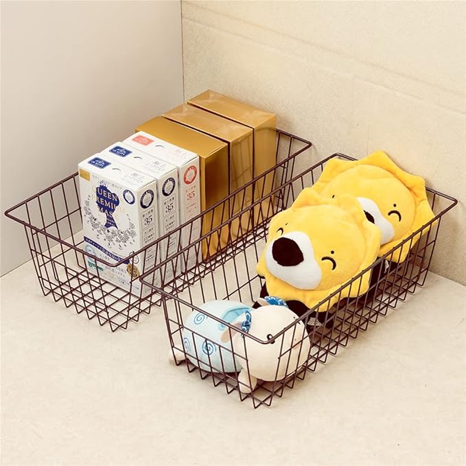 SANNO Freezer Baskets, Wire Storage Baskets Bin Organizer Food,Kitchen, Basket Organizers Bins for Home, Bathroom, Closet Organization, White,Set of 4 Brown