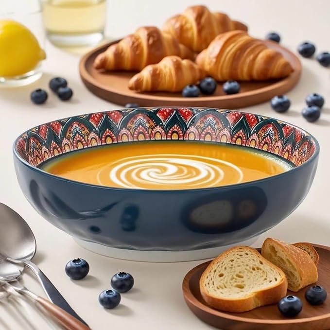 OZY Large Serving Bowls,10 inch Ceramic Salad Bowls,Ideal Housewarming Gift,Vibrant Color Soup Bowls for Party,Pasta,Fruit,Dishwasher & Microwave Safe Soup Bowls (Blue)