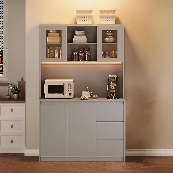 Garvee Kitchen Pantry Cabinet,71 in Tall Storage Cabinet with Doors&Shelves Adjustable, Kitchen Storage Hutch with Microwave Shelf, Led Lights&Charging Station,Corner Pantry Cabinet