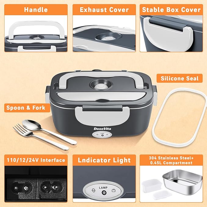 Electric Lunch Box for Adults, 80W Heated Lunch Box, 1.5L Stainless Steel Container | 12V/24V (Car/Truck) & 110V (Office/Home) | with Fork&Spoon and Insulated Carry Bag
