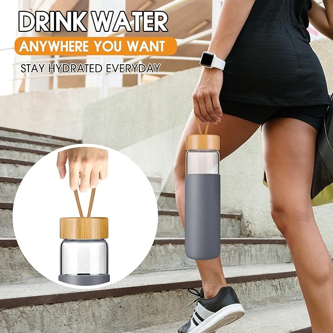 25 Oz Borosilicate Glass Water Bottles with Silicone Sleeve BPA Free, Dishwasher Safe - Reusable Clear Glass Drinking with Leak Proof Bamboo Lid | Perfect Gym Water Bottles for Men & Women