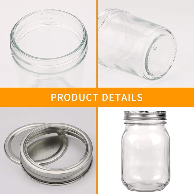16pack 16oz Mason Jars with Airtight Lids and Bands, Regular Mouth Pint Canning Jars, Clear Glass Jars Ideal for Canning, Pickling, Meal Prep, Jam, Honey, Shower/Wedding Favors, Labels & Pen Included