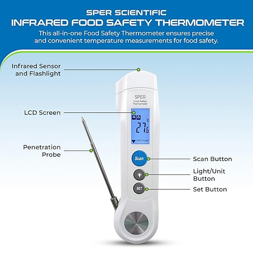 Sper Scientific Dual Function Infrared & Probe Food Safety Thermometer 800115 - Non-Contact Infrared Surface Temperature & Foldable Probe for Internal Temps, Fast & Accurate for Kitchens & more - 2 pc