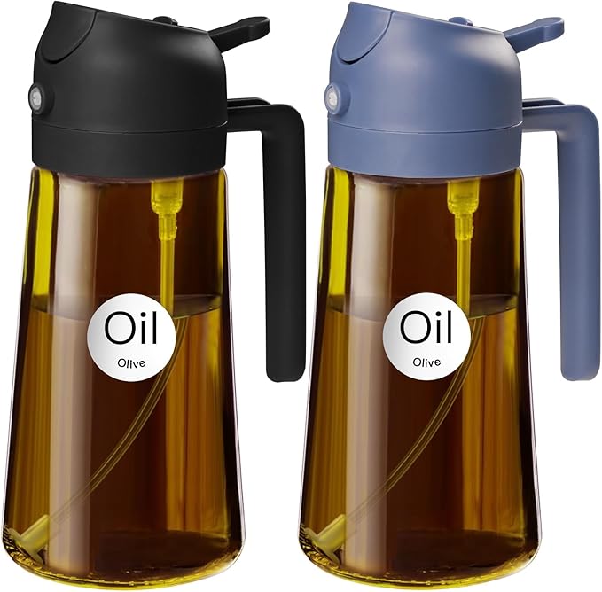 YARRAMATE 2Pcs 16oz/470ml Dark Brown Oil Sprayer for Cooking with Stickers, Food-grade Premium 2 in 1 Olive Oil Dispenser Bottle for Kitchen Gadgets, Air Fryer, Salad, Frying, BBQ (Black&Navy)