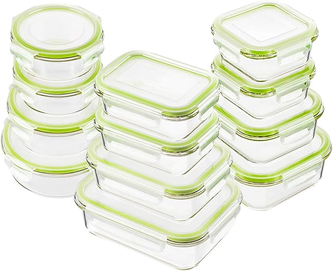 Bayco Glass Food Storage Containers with Lids, [24 Piece] Glass Meal Prep Containers, Airtight Glass Bento Boxes, Leak Proof (12 lids & 12 Containers) - Green