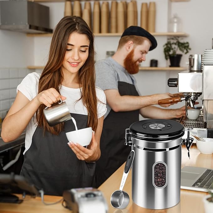 1800ML Airtight Coffee Canister with Date Tracker&Transparent Window, 22.8OZ Coffe Beans Storage with 30ML Measure Spoon&4 co2 Valve, Coffee Container for Grounds Coffee, Beans, Tea, Sugar(Silver)