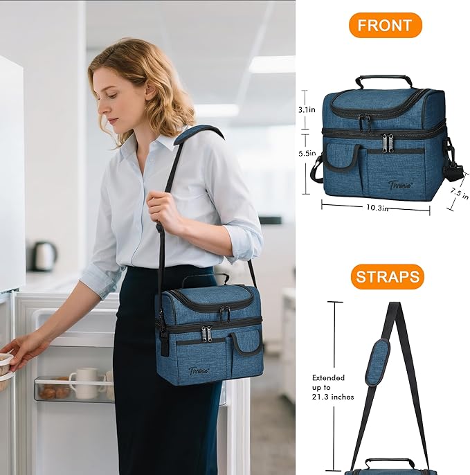 Tirrinia Reusable Lunch Box for Men Women, Insulated Lunch Bag Adult Work, Double Decker Leakproof Lunchbox for Office Picnic Beach—Dual Compartment Lunch Cooler Bag,Dark Blue