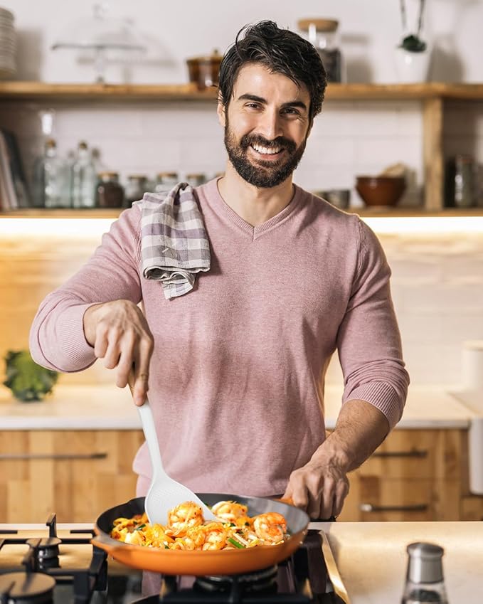 Silicone Wok Spatula Turner Set, Perfect for Scooping, Flipping, Lifting Pancakes and Picking up Veggies, BPA-Free Matte Silicone, Wooden Handles, Safe for Nonstick Cooking Surfaces (White)