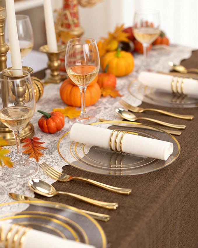 bUCLA 600PCS Clear Plates with Gold Trim - Clear Gold Dinnerware Set Disposable Include 100 Dinner/100 Dessert Plates, 100 Knives, 100 Forks, 100 Spoons, 100 Cups for Wedding, Party & Thanksgiving