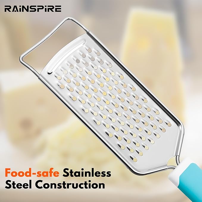 Rainspire Professional Cheese Graters for Kitchen Stainless Steel Handheld, Metal Lemon Zester Grater With Handle For Cheese, Chocolate, Spices, Kitchen Gadgets Tools, Soft Grip Handle (Blue)