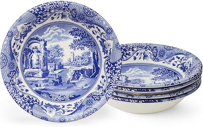 Spode Blue Italian Ascot Cereal Bowl Set of 4-8-Inch Earthenware Bowls with Oriental Design, Dishwasher & Microwave Safe Tableware for Breakfast, Soup, Rice, Dessert - Blue & White Dinnerware