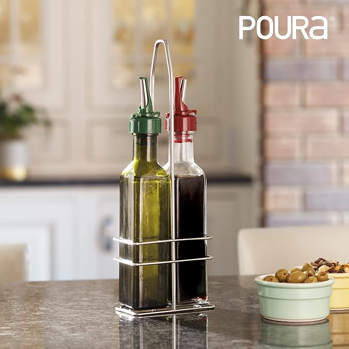 Poura Vinegar and Olive Oil Bottle Drizzler Set with ClickSeal BPA Free Pour Spouts | Glass Oil & Vinegar Dispenser Bottles for Cooking & Dining | Hygienic Covers + Silicone Decanter Funnel 500ml