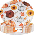 WDF 50 Pack Fall Oval Paper Plates - 10" x 12" Pumpkin and Maple Large Paper Plate - Thanksgiving Autumn Leaves Plates Disposable Heavy Duty Dinner Size - Suitable For Thanksgiving/Fall Theme Party