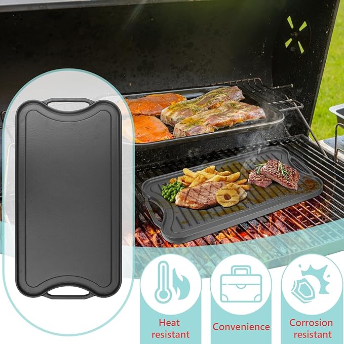 2 in 1 Reversible Cast Iron Griddles for Gas Grill,Flat Griddle-Pan for Gas Stove,Pre-Seasoned Oven Top Pan, Upgrade Double Burner Griddle for Indoor & Outdoor Cooking Accessories,20" X 10.5"