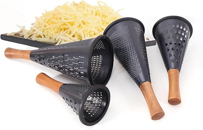 Cone Cheese Grater with Handle Stainless Steel Grater Triple Function Wood Handle Shredder Non-Slip Rubber Bottom Hand Held Multifunction Vegetables Grater Black 4-Size (Size S: 7.7" X 3.5" Black)