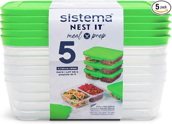 Sistema NEST IT Meal Prep Containers | 870 ml | Airtight Food Storage Containers with Compartments & Lids | BPA-Free | Green | Recyclable with TerraCycle® | 5 Count, White
